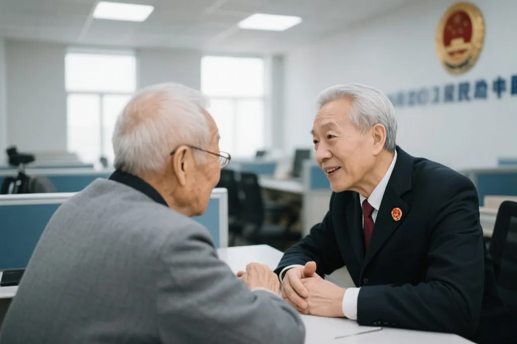 相关部门工作人员与老人沟通，气氛理性